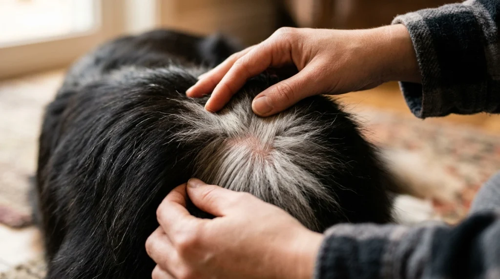 Close-up of hands gently parting a Border Collie coat to check skin health.