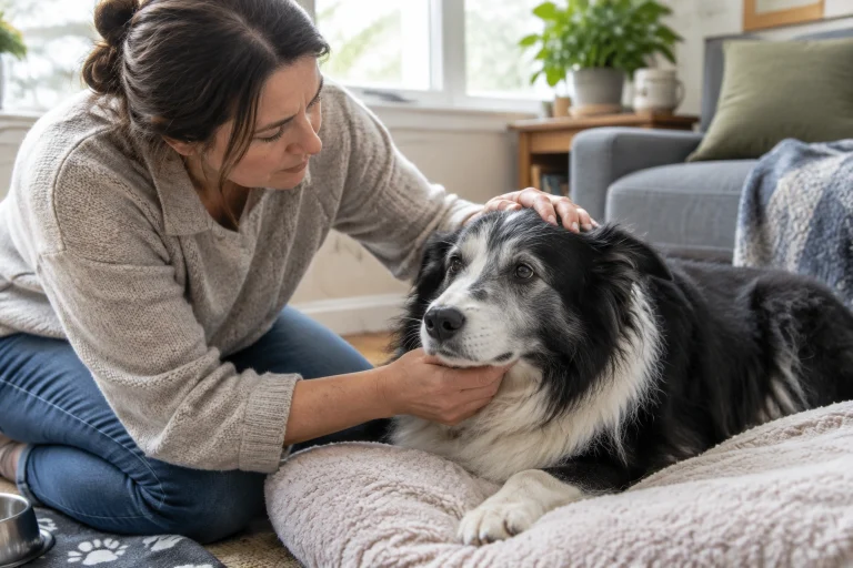 Worried dog owner checking a senior dog for signs of decline