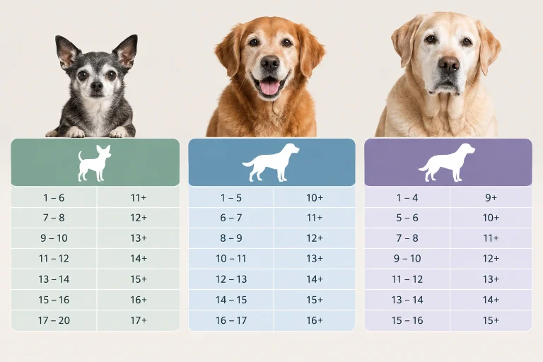 Comparison chart showing when small, medium, and large dogs are considered senior