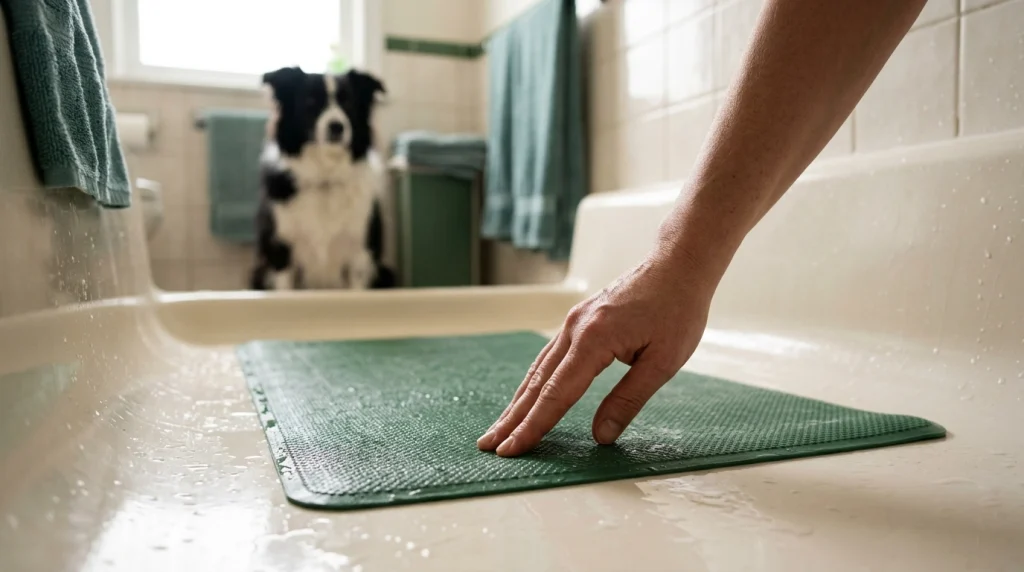 Owner testing a textured non-slip bathtub mat to improve Border Collie footing during bathing