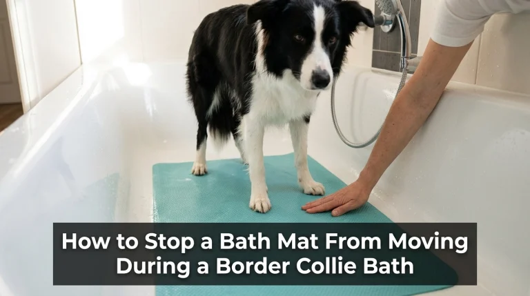 Border Collie standing on a secure teal bath mat inside a bathtub while an owner checks the edge.