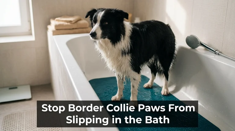 Border Collie standing securely on a textured non-slip mat inside a bathtub.