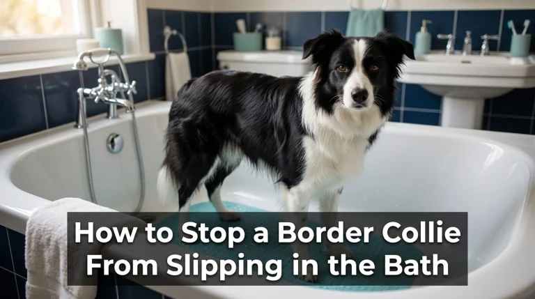 Border Collie standing securely on a non-slip bathtub mat during a safe home bath.
