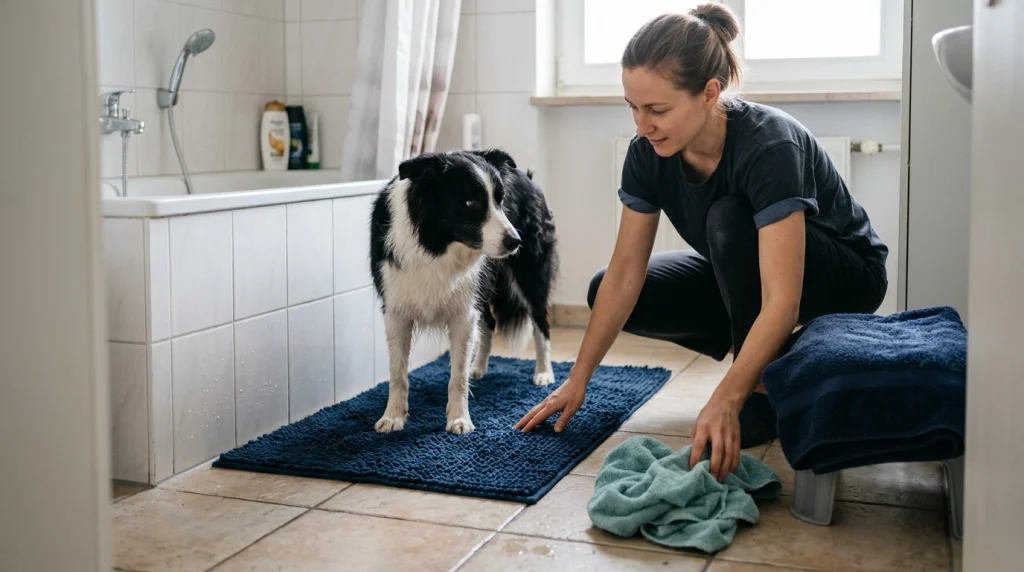Border Collie standing on an absorbent non-slip bath mat beside separate body and paw towels.