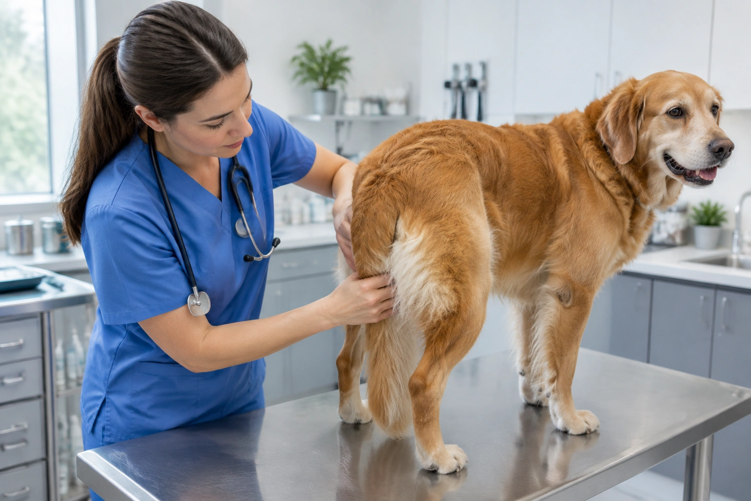 Veterinarian examining a dog’s rear end