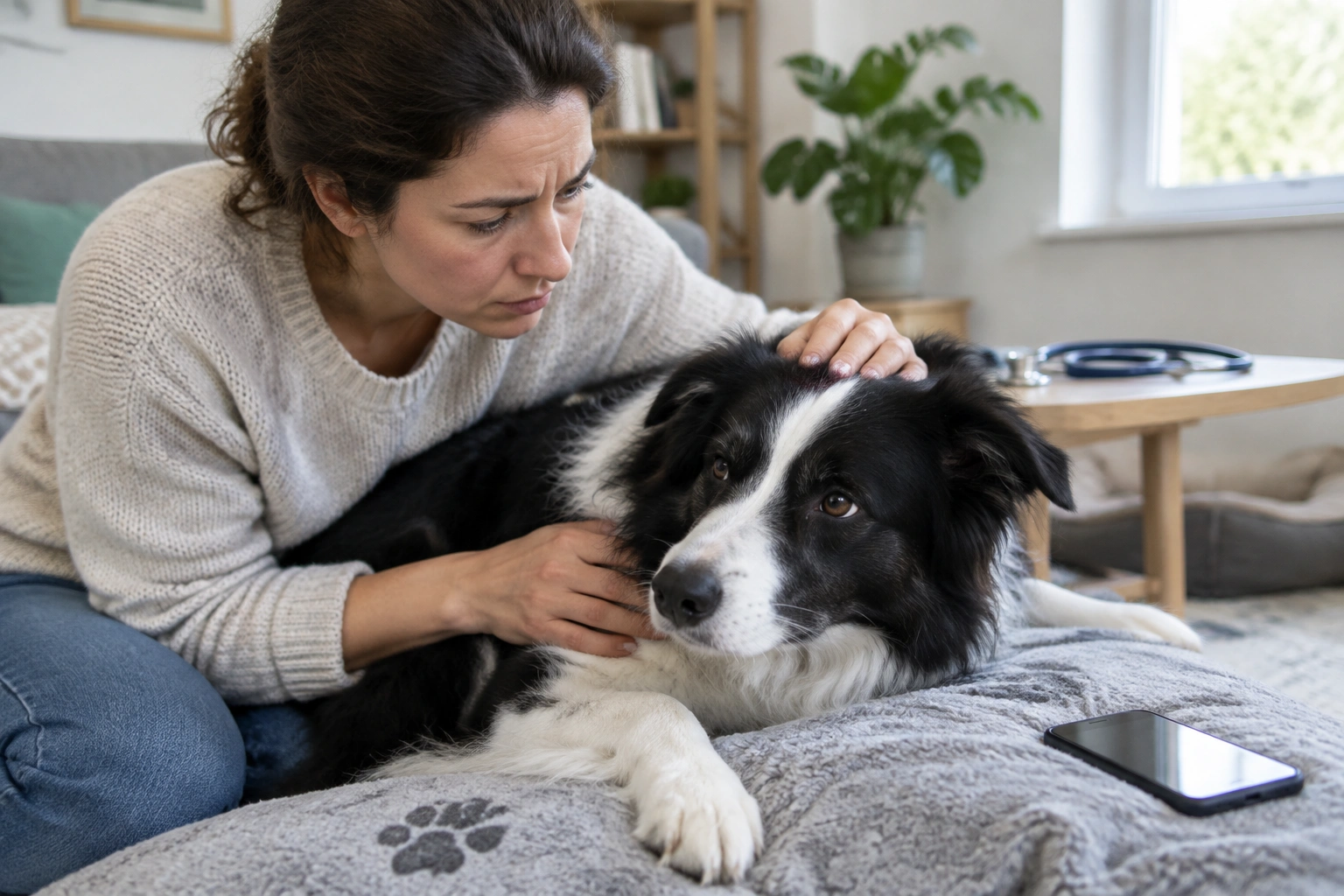 Dog owner noticing warning signs and preparing to call a veterinarian
