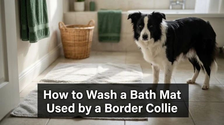 Border Collie beside a freshly washed bath mat in a home bathroom.