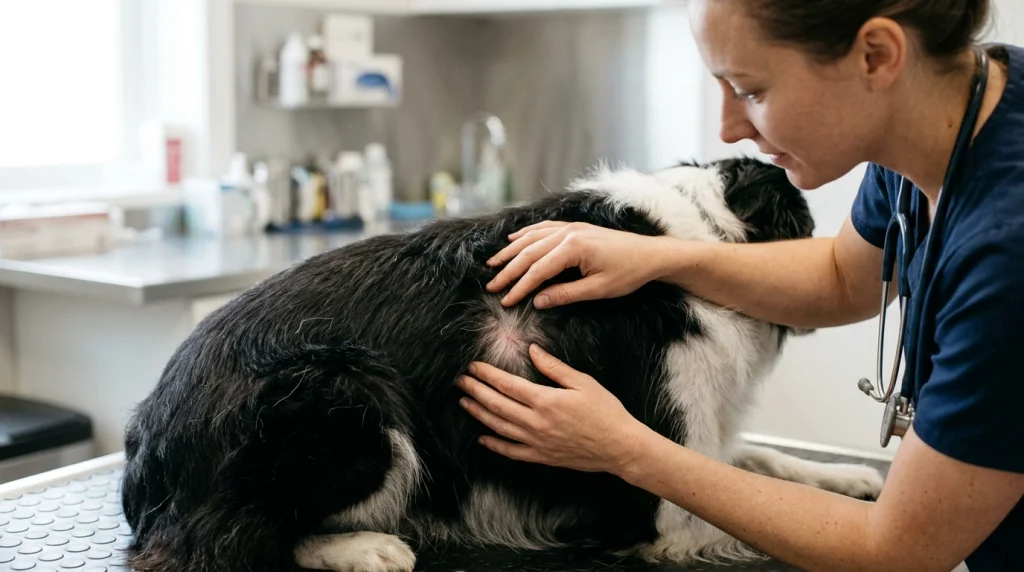Close-up examination of a Border Collie coat to identify underlying health issues.