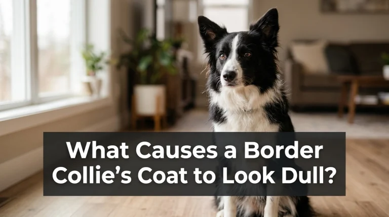 A beautiful black and white Border Collie sitting indoors by a window with natural light