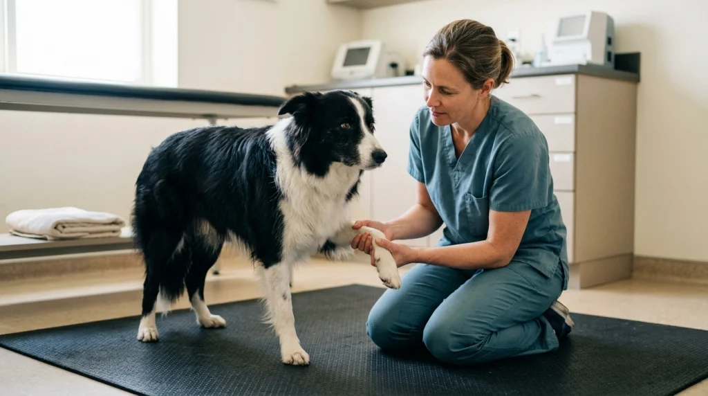 Veterinarian assessing a Border Collie's paws and standing posture after repeated indoor slipping.