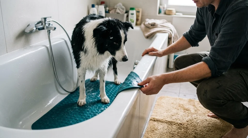 Owner checking a loose bathtub mat while a Border Collie stands safely during a paused bath.