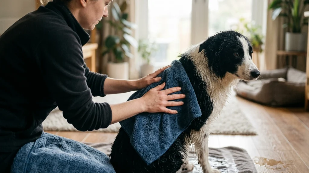 Person gently towel drying a Border Collie indoors.