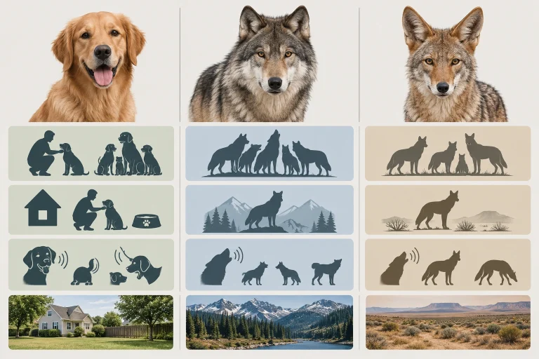 Comparison chart showing dogs, wolves, and coyotes