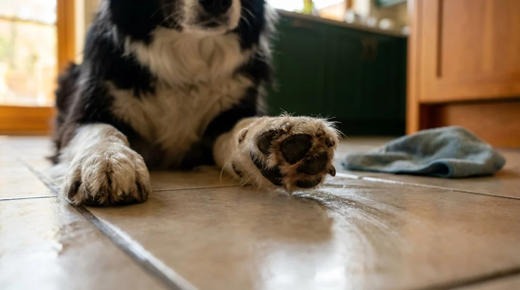 Close-up of Border Collie paws with slightly long nails and excess fur standing on damp kitchen tiles.