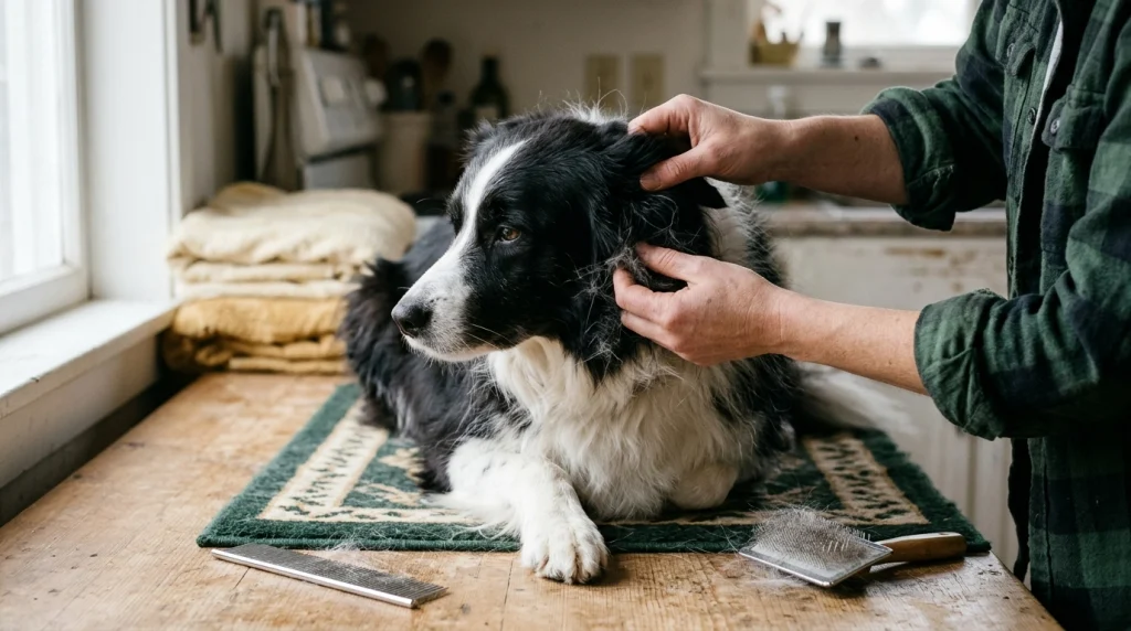 Caregiver gently checking a tangled section of a Border Collie’s coat without pulling it