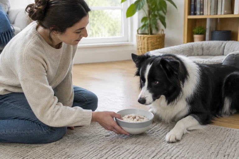 Border Collie owner offering a small bland meal to a dog that won’t eat
