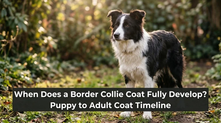 Young black-and-white Border Collie showing developing adult coat in a green garden.