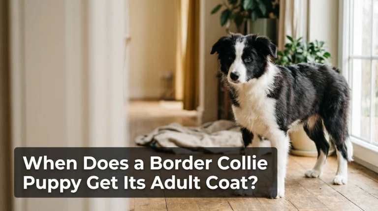 Border Collie puppy showing soft black-and-white fur during adult coat development.