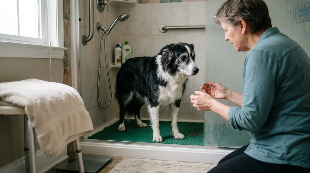 Older Border Collie standing in a low-entry shower with non-slip flooring and an owner nearby