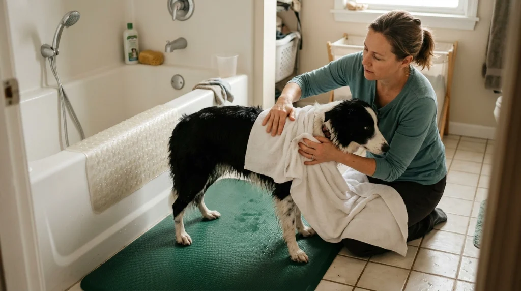 Owner comforting a damp Border Collie on a non-slip bathroom mat after stopping an unsafe bath