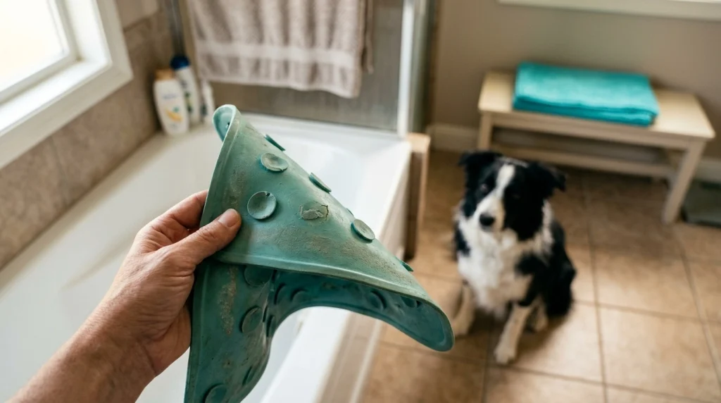 Owner inspecting damaged suction cups on an old Border Collie bath mat before replacement.