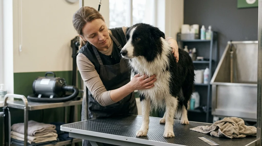 Professional groomer carefully checking the thick coat of a Border Collie after bathing.