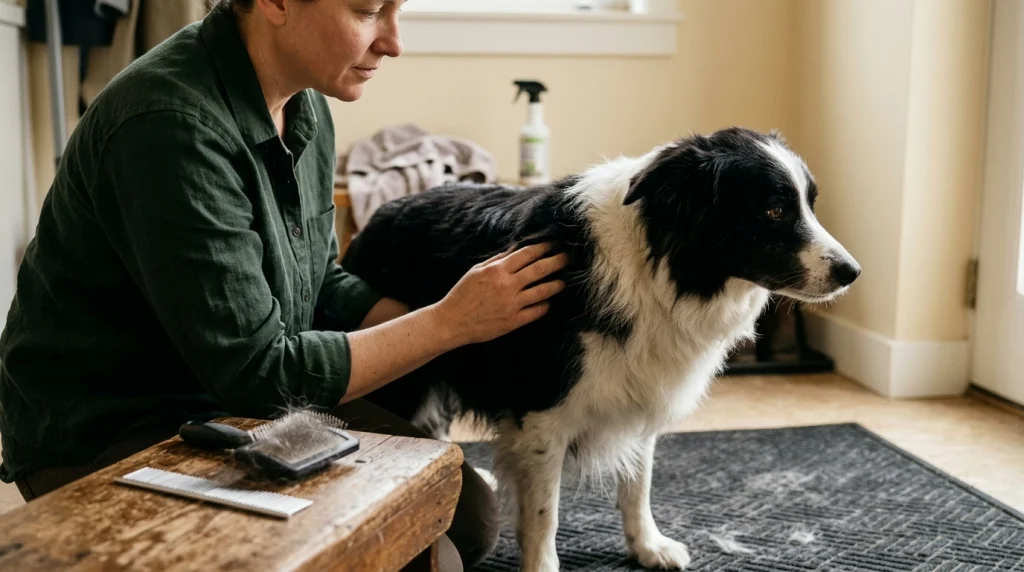 Owner pauses brushing to inspect a Border Collie's tangled coat gently.