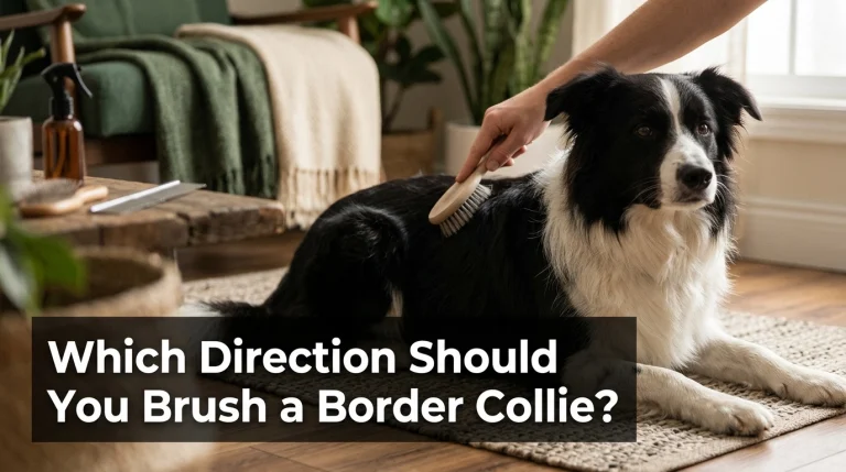 A Border Collie being gently brushed along the direction of its coat in a home grooming area.