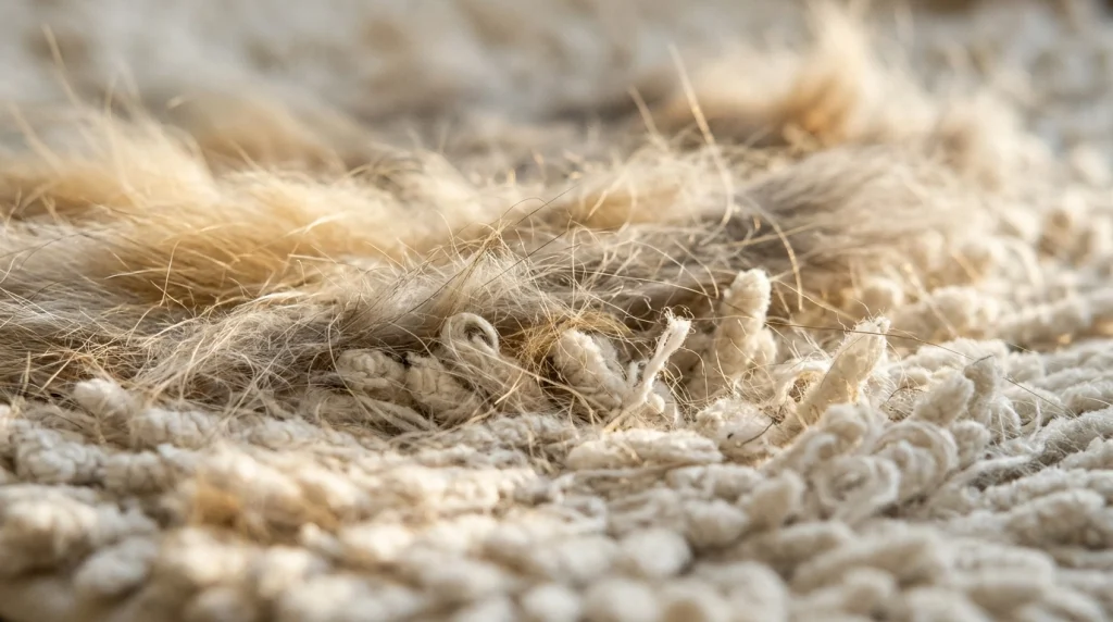 Macro view of fine pet hair tightly bound to a plush bath mat weave.