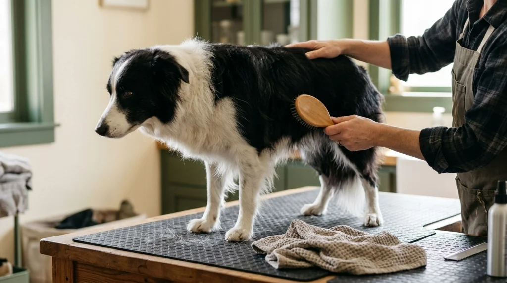 Owner gently brushing the mostly dried double coat of a black-and-white Border Collie.