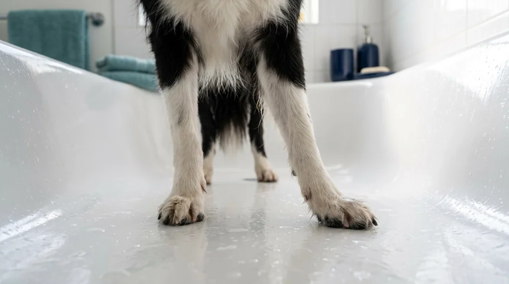Close-up of Border Collie paws losing traction on a smooth, wet acrylic bathtub surface.