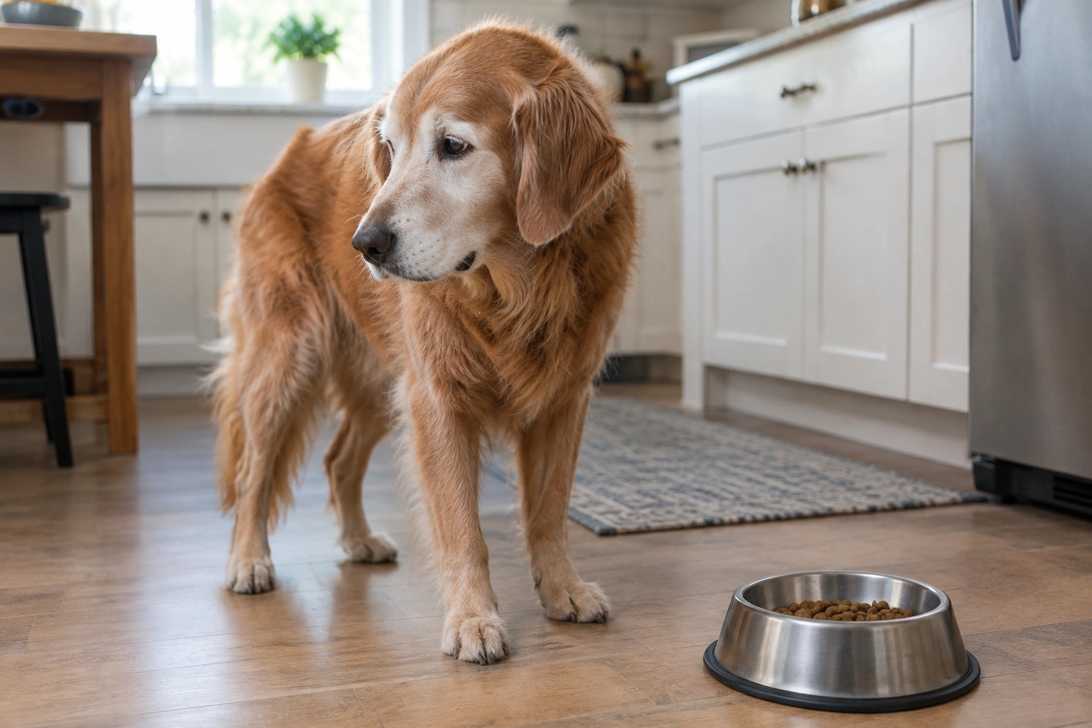 Senior dog refusing food near a bowl