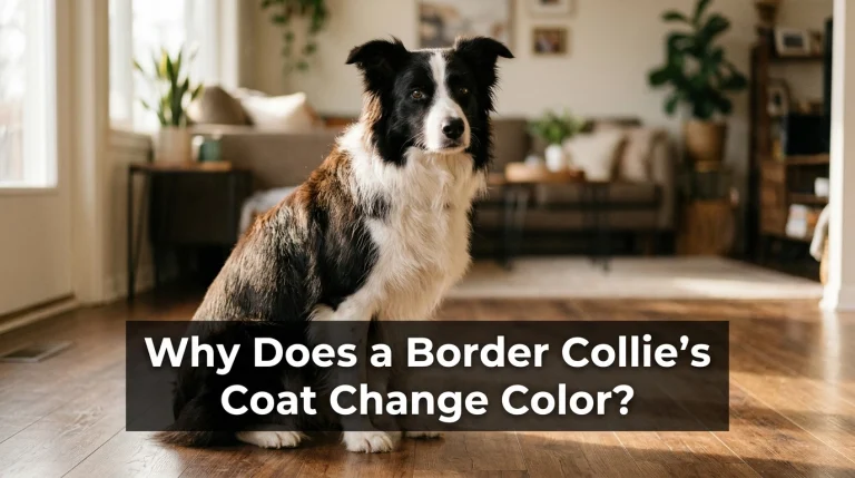 A healthy Border Collie sitting in natural sunlight indoors with its distinctive coat.