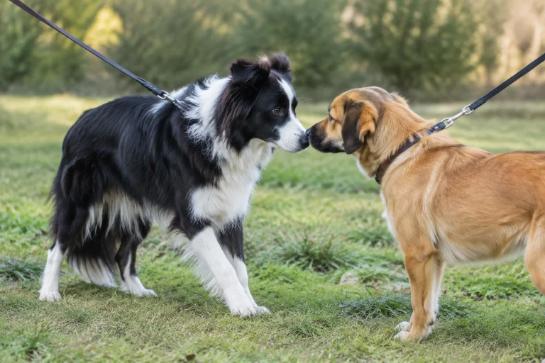 Border Collie greeting another dog calmly on a loose leash