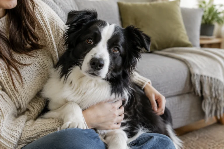 Dog sitting in a lap while appearing relaxed and calm