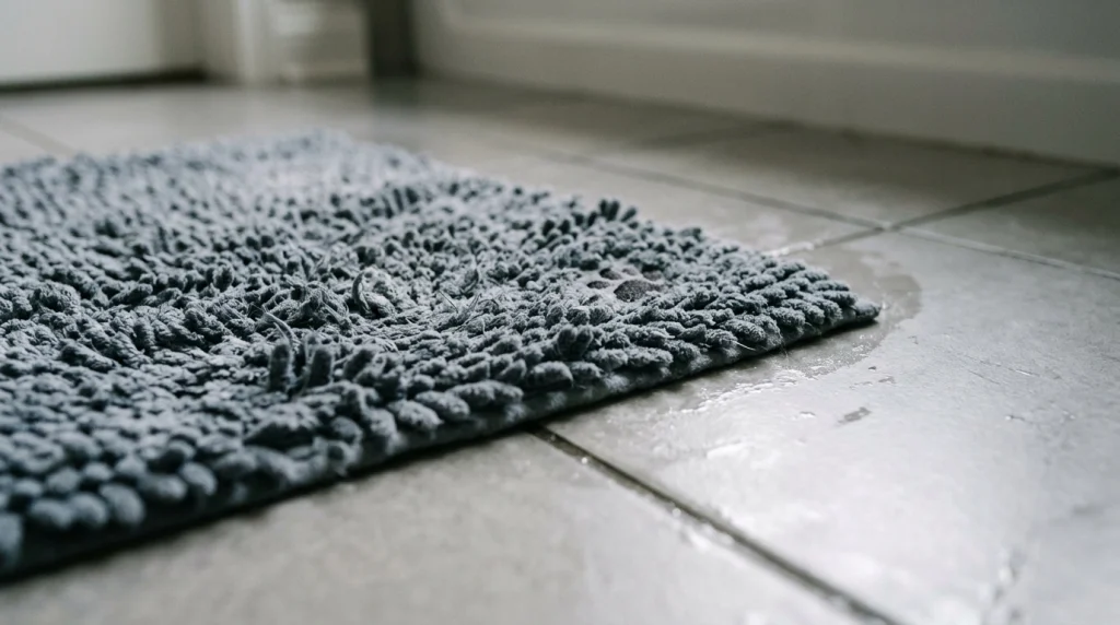 Close-up of a wet pet bath mat on bathroom tiles showing vulnerability to mildew