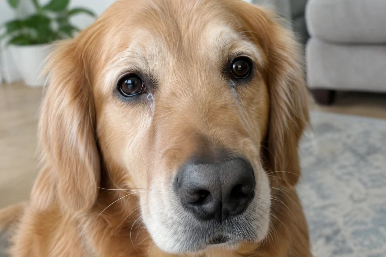 Dog with watery eyes showing clear tear overflow around the inner corners