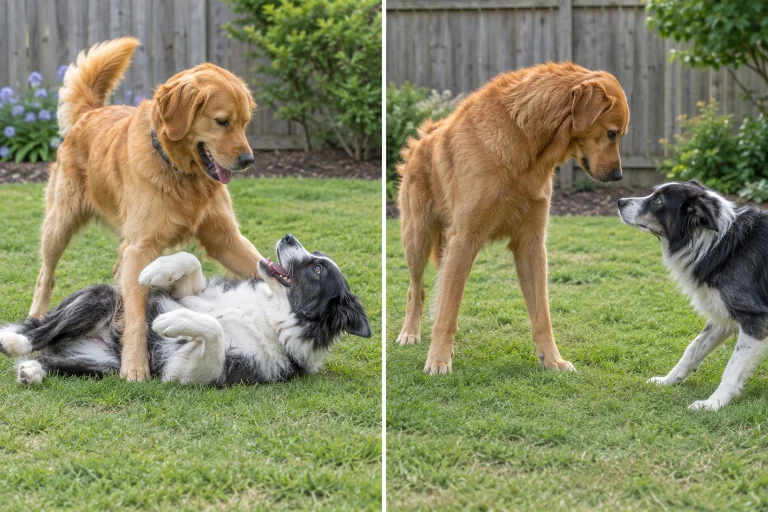 Two dogs showing different body language during play and standing over behavior