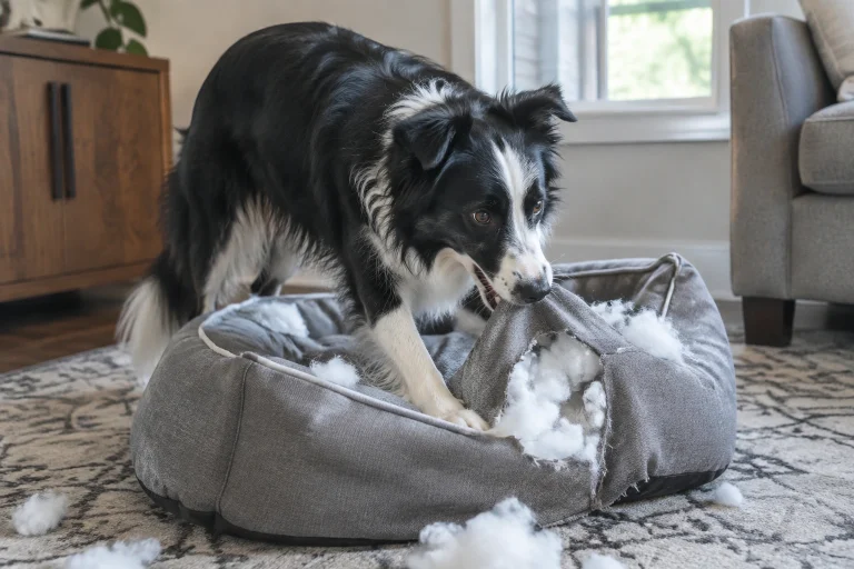Dog tearing up a bed on the floor