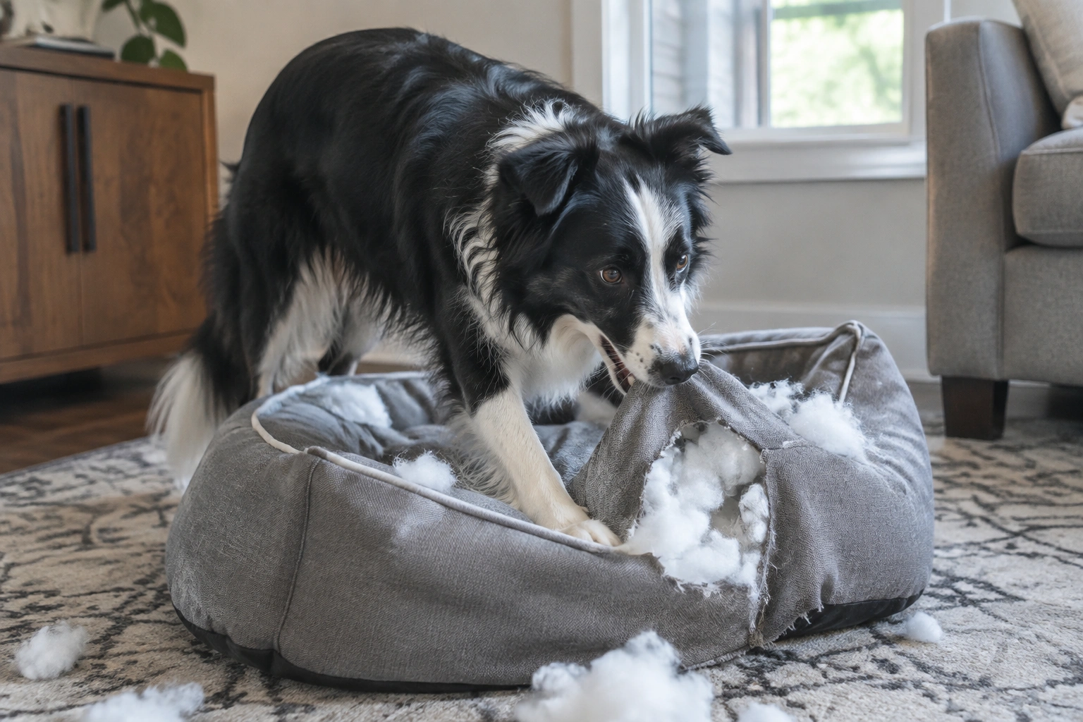 Dog tearing up a bed on the floor