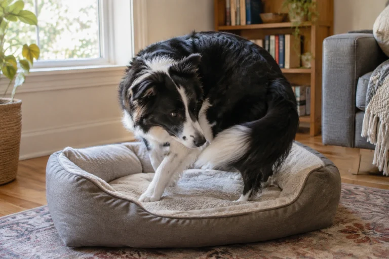 Dog circling before lying down on a bed